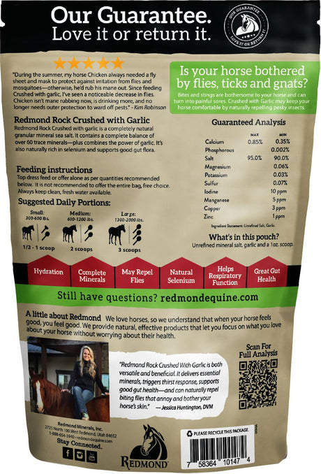 Back of the Redmond Rock Crushed with Garlic pouch with feeding directions and guaranteed analysis.