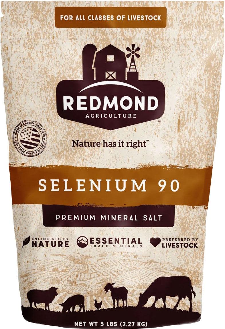 Redmond Selenium 90 Premium Mineral Salt 5 lb pouch for all classes of livestock.