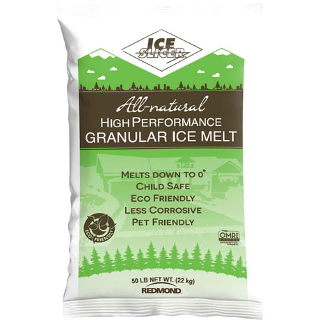 Redmond Ice Slicer all-natural granular ice melt 50 lb green bag, printed melts down to 0° and OMRI listed.