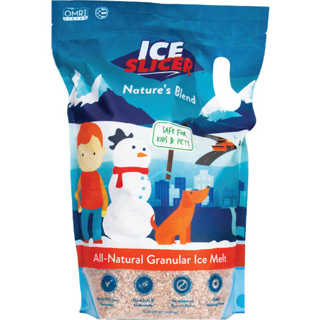 Redmond Ice Slicer Nature's Blend 10 lb pouch, all-natural granular ice melt, printed safe for kids and pets.
