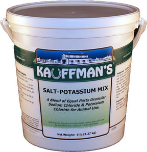 Kauffman's Salt-Potassium Mix 5 lb pail printed equal parts sodium chloride and potassium chloride for animal use.