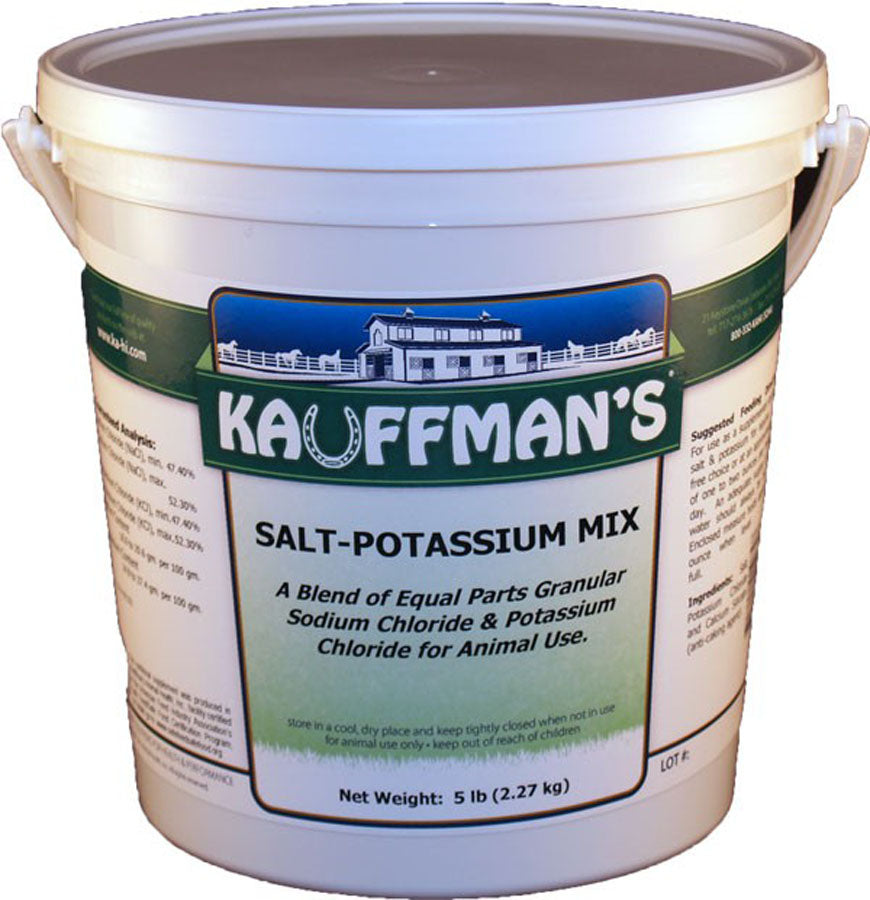 Kauffman's Salt-Potassium Mix pail with a gray lid and the Kauffman's barn logo.