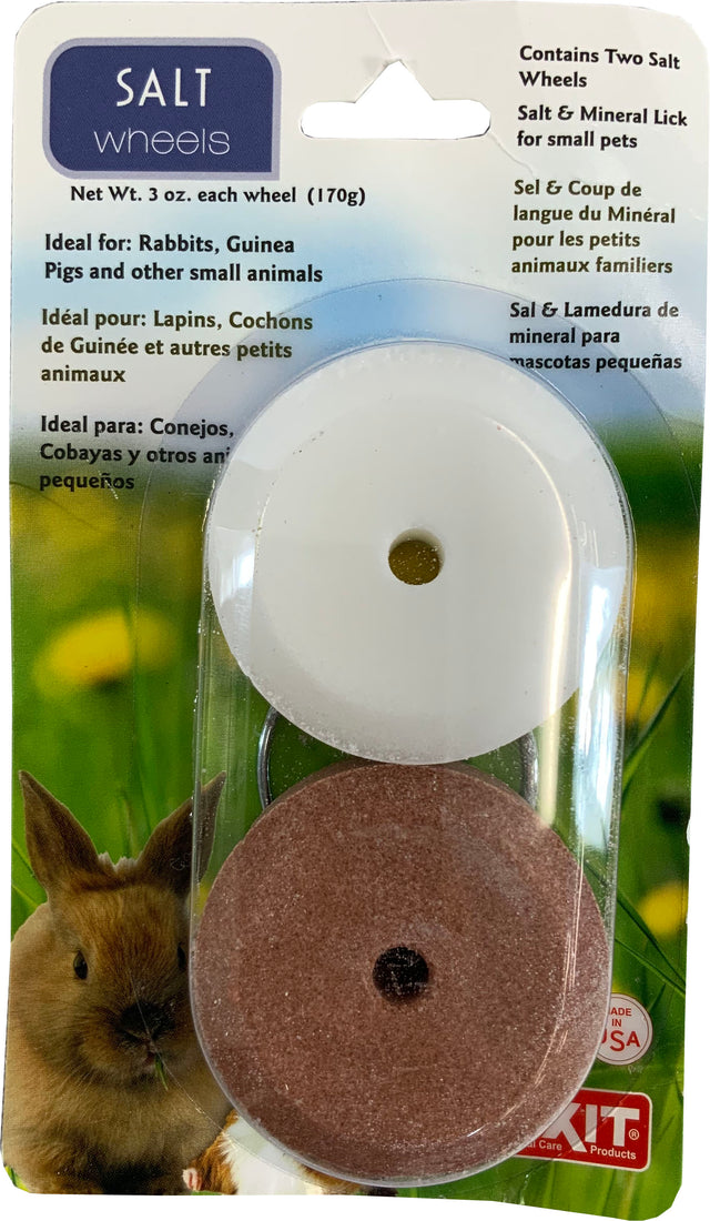 Lixit Salt Wheels card with one white and one brown 3 oz salt wheel, made in USA.
