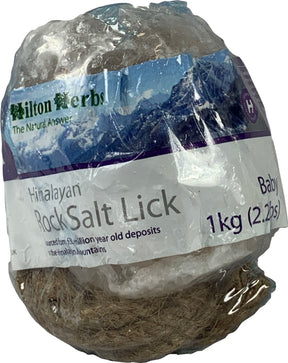 Hilton Herbs Himalayan Rock Salt Lick, Baby 1 kg (2.2 lb), wrapped with a rope and a mountain label.