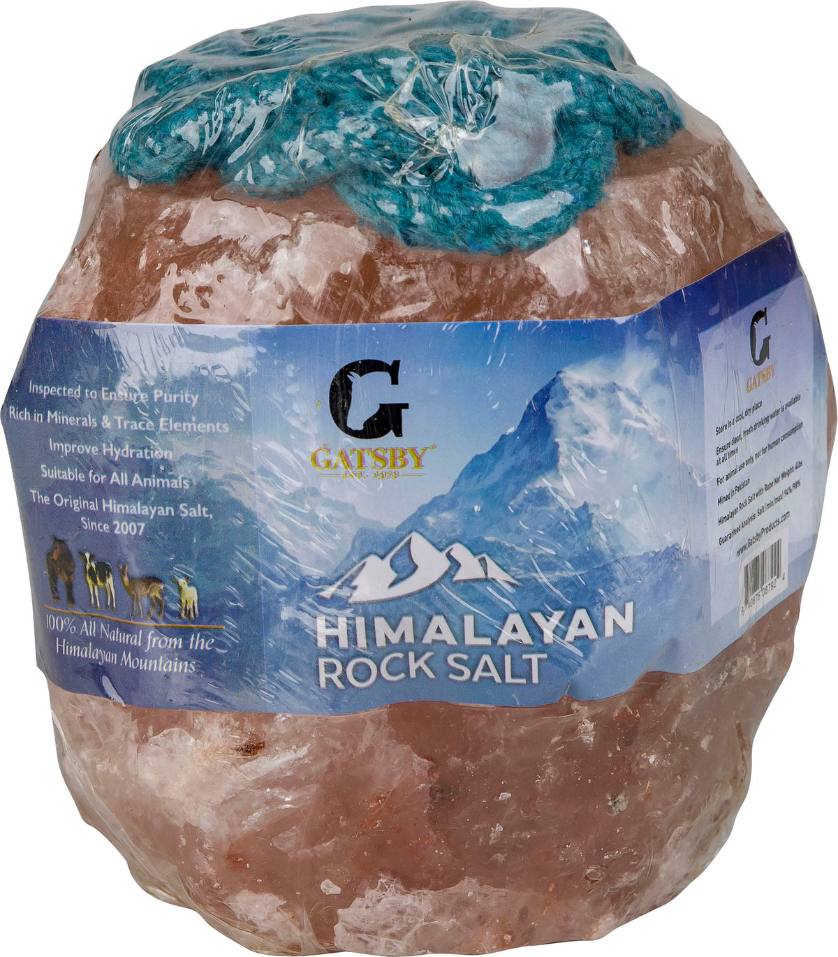 Gatsby Himalayan Rock Salt rope lick wrapped, label printed 100% all natural from the Himalayan Mountains.