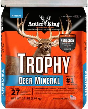 Antler King Trophy Deer Mineral 20 lb bag, orange and blue pack printed contains 27 vitamins, minerals and nutrients.