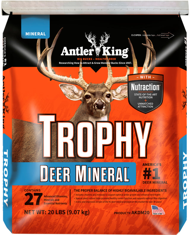 Antler King Trophy Deer Mineral 20 lb bag, orange and blue pack printed contains 27 vitamins, minerals and nutrients.