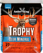 Antler King Trophy Deer Mineral 20 lb bag, orange and blue pack printed contains 27 vitamins, minerals and nutrients.