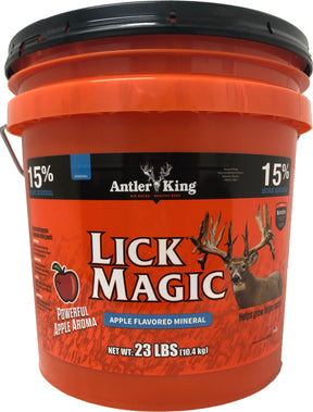Antler King Lick Magic apple flavored mineral 23 lb orange bucket with a whitetail buck, printed powerful apple aroma.