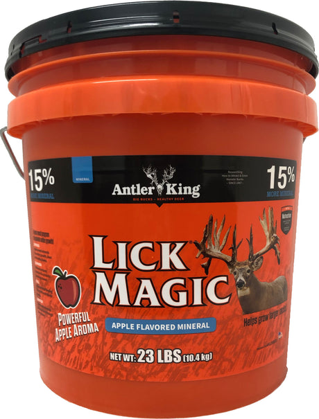 Antler King Lick Magic apple flavored mineral 23 lb orange bucket with a whitetail buck, printed powerful apple aroma.