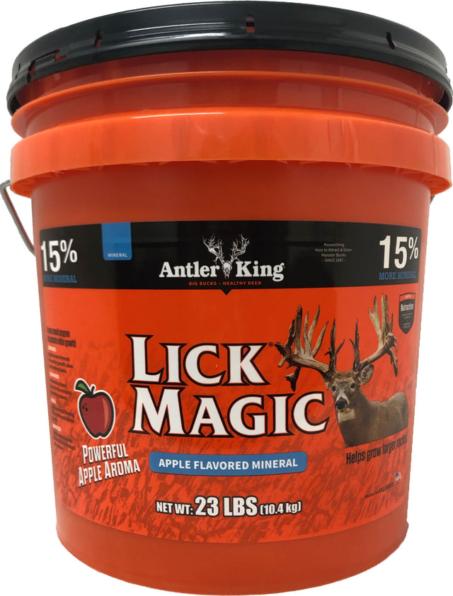Antler King Lick Magic apple flavored mineral 23 lb orange bucket with a whitetail buck, printed powerful apple aroma.