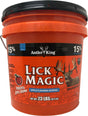 Antler King Lick Magic apple flavored mineral 23 lb orange bucket with a whitetail buck, printed powerful apple aroma.
