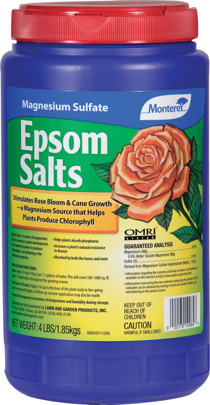 Monterey Epsom Salts 4 lb blue jar with a red lid and a rose, printed OMRI listed.
