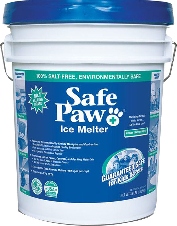 Safe Paw Ice Melter 35 lb white pail with a blue lid, printed 100% salt-free and effective to -2°F.