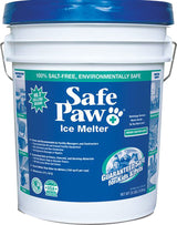 Safe Paw Ice Melter 35 lb white pail with a blue lid, printed 100% salt-free and effective to -2°F.