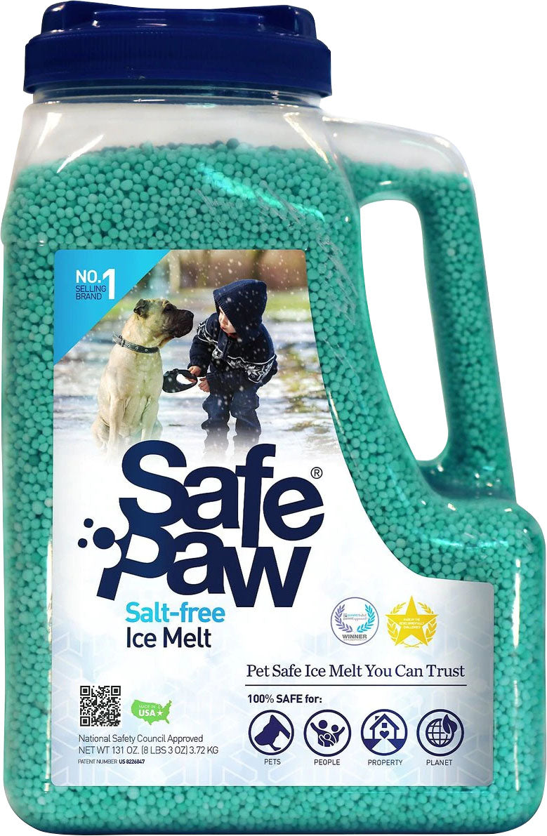 Safe Paw Salt-free Ice Melt 8 lb 3 oz jug of green granules, printed National Safety Council approved, made in USA.