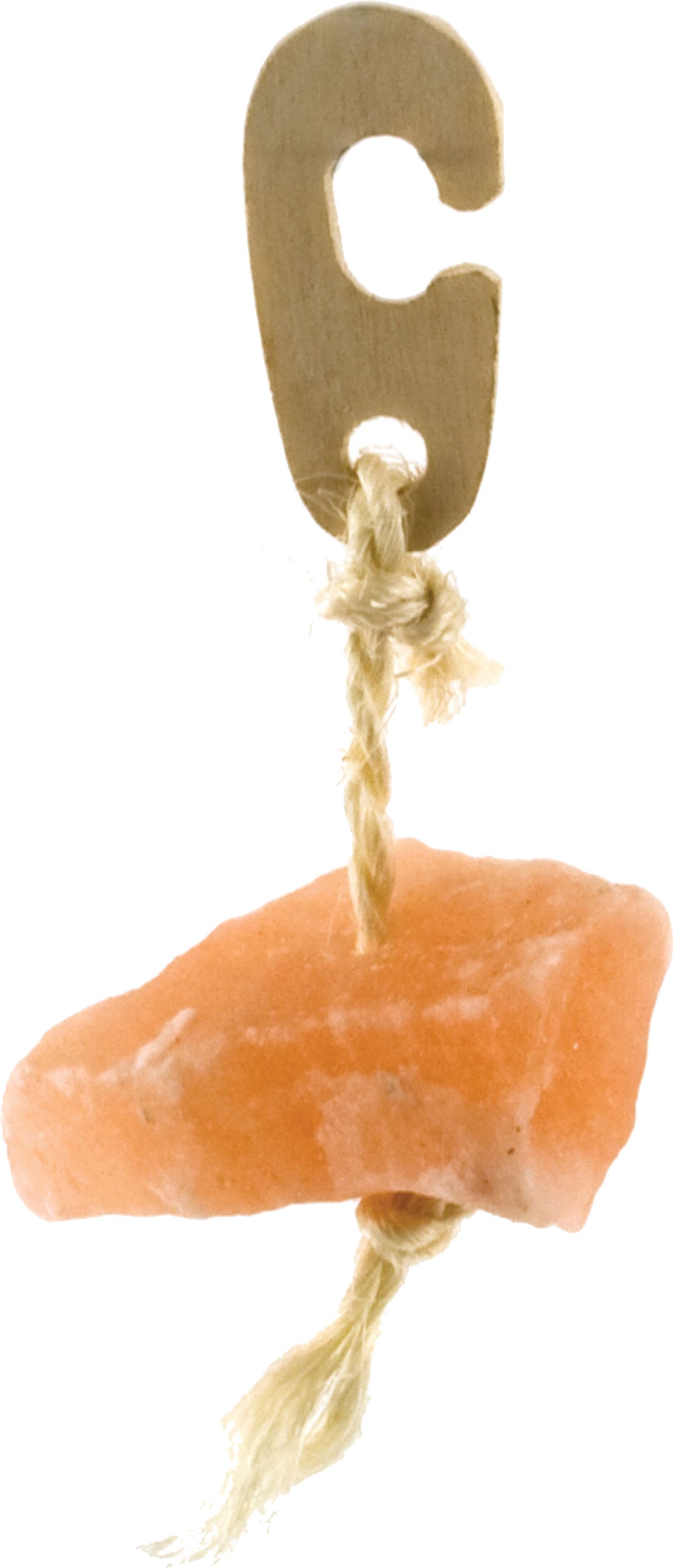 Pink Himalayan salt lick on a twine rope with a wooden hook for hanging.
