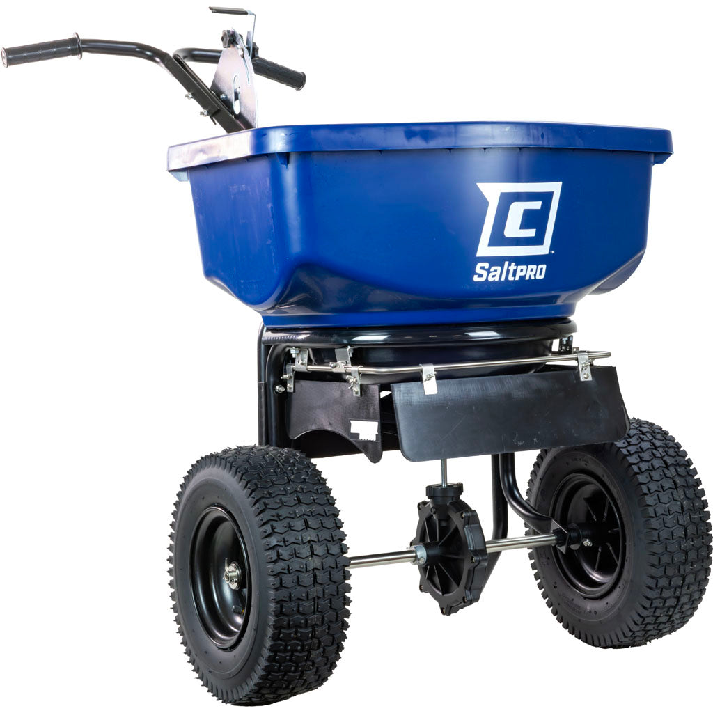 Chapin SaltPro 80 lb commercial ice melt spreader with a blue poly hopper, black deflector and 12 inch pneumatic tires.