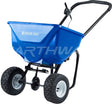 Earthway Polar Tech ice melt broadcast spreader with a blue hopper and 9 in pneumatic tires.