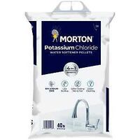 Morton Potassium Chloride water softener pellets 40 lb bag, navy and white pack with a plastic handle.