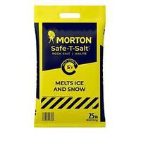 Morton Safe-T-Salt Rock Salt Halite 25 lb yellow bag, printed melts ice and snow down to 5°F.