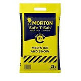 Morton Safe-T-Salt Rock Salt Halite 25 lb yellow bag, printed melts ice and snow down to 5°F.