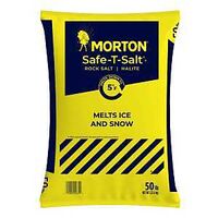 Morton Safe-T-Salt Rock Salt Halite 50 lb yellow bag, printed melts ice and snow down to 5°F.