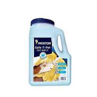 Morton Safe-T-Pet Ice Melt 8 lb light blue jug with a flip-top cap and easy-grip handle.