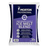 Morton Professional Pro Speed Purple Ice Melt Blend 50 lb bag, printed -15°F and easy-to-see purple crystals.