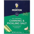 Morton All-Natural Canning and Pickling Salt 4 lb box, green and navy, printed for preserving and pickling.