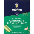 Morton All-Natural Canning and Pickling Salt 4 lb box, green and navy, printed for preserving and pickling.