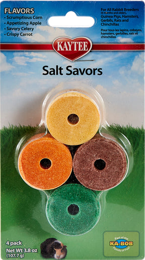 Kaytee Salt Savors 4 pack card with corn, apple, celery and carrot flavored salt rounds.