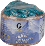 Gatsby Himalayan Rock Salt round rope lick in its wrapper with a mountain label.
