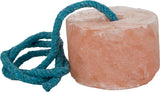 Gatsby Himalayan rock salt lick, a smooth round pink salt disc on a teal rope.