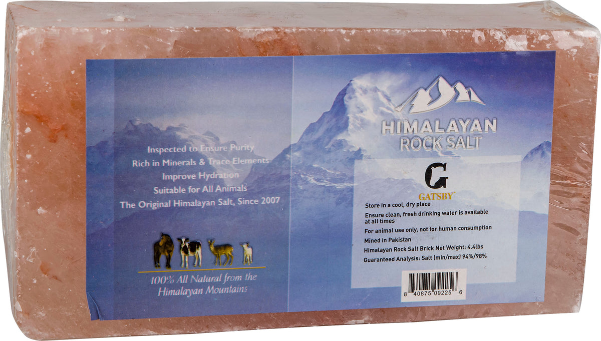 Gatsby Himalayan Rock Salt brick in its wrapper, label printed suitable for all animals, mined in Pakistan.