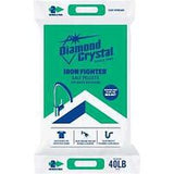 Diamond Crystal Iron Fighter salt pellets 40 lb bag for water softeners, green and white two-handle pack.