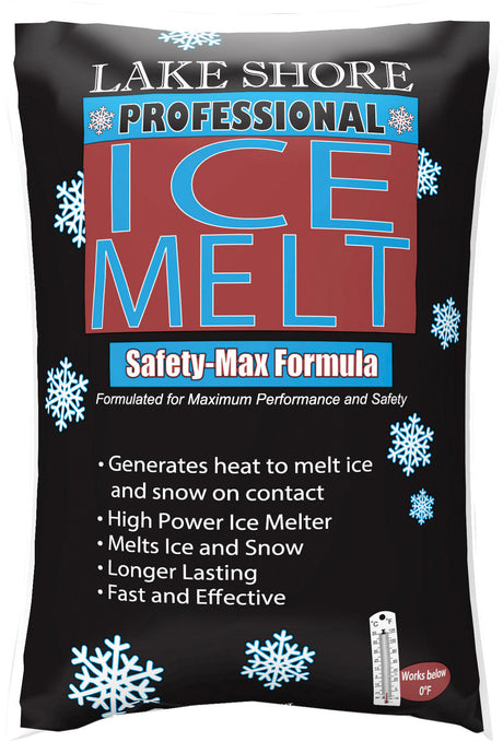Lake Shore Professional Ice Melt 50 lb black bag, Safety-Max formula, printed works below 0°F.