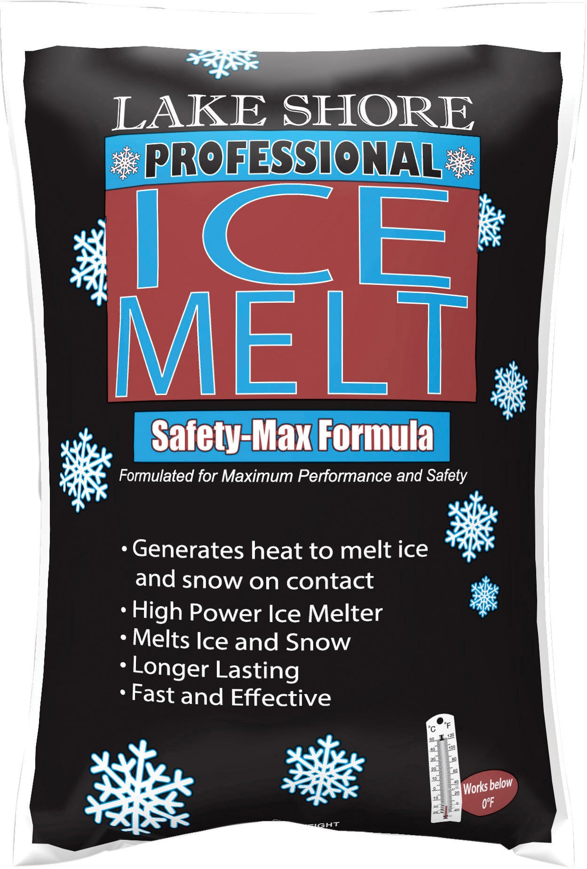 Lake Shore Professional Ice Melt 20 lb black bag, Safety-Max formula, printed works below 0°F.