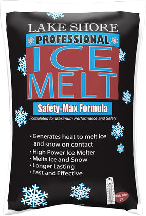 Lake Shore Professional Ice Melt 20 lb black bag, Safety-Max formula, printed works below 0°F.