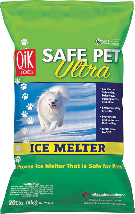 Qik Joe Safe Pet Ultra ice melter 20 lb bag with a running white dog, melts down to -5°F.