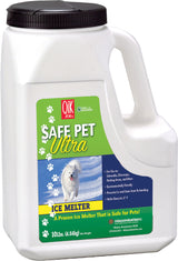 Qik Joe Safe Pet Ultra ice melter 10 lb jug with a running white dog, melts down to -5°F.