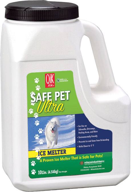 Qik Joe Safe Pet Ultra ice melter 10 lb jug with a running white dog, melts down to -5°F.