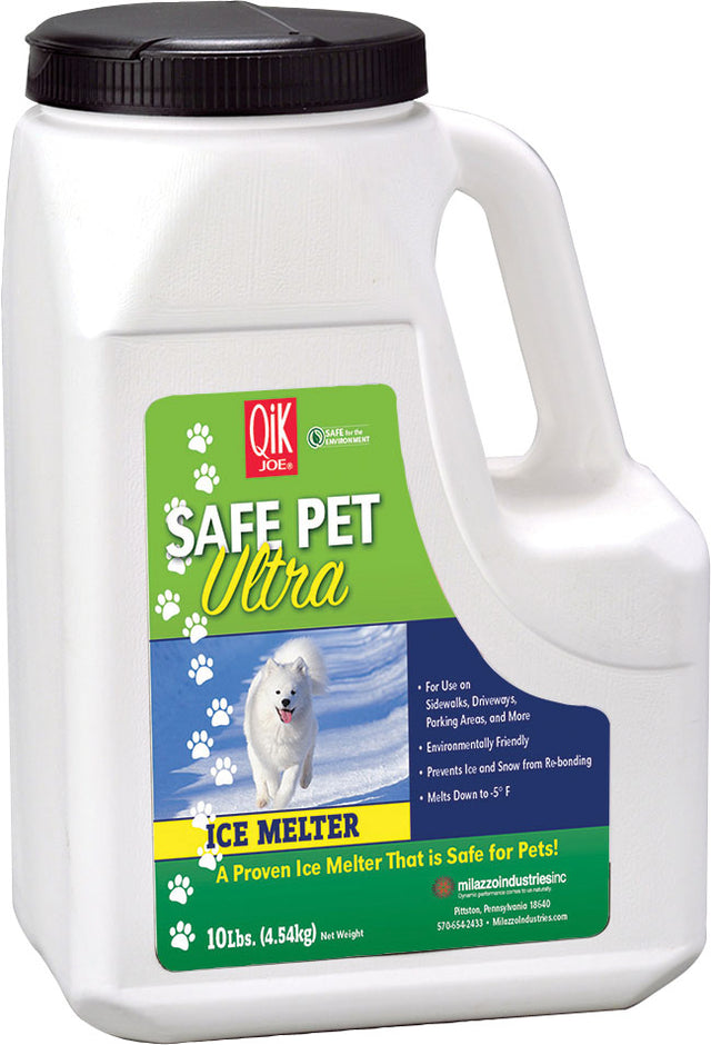 Qik Joe Safe Pet Ultra ice melter 10 lb jug with a running white dog, melts down to -5°F.