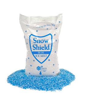 Snow Shield Blue ice melt 50 lb bag from Chemical Equipment Labs with a pile of blue granules, melts down to -20°F.