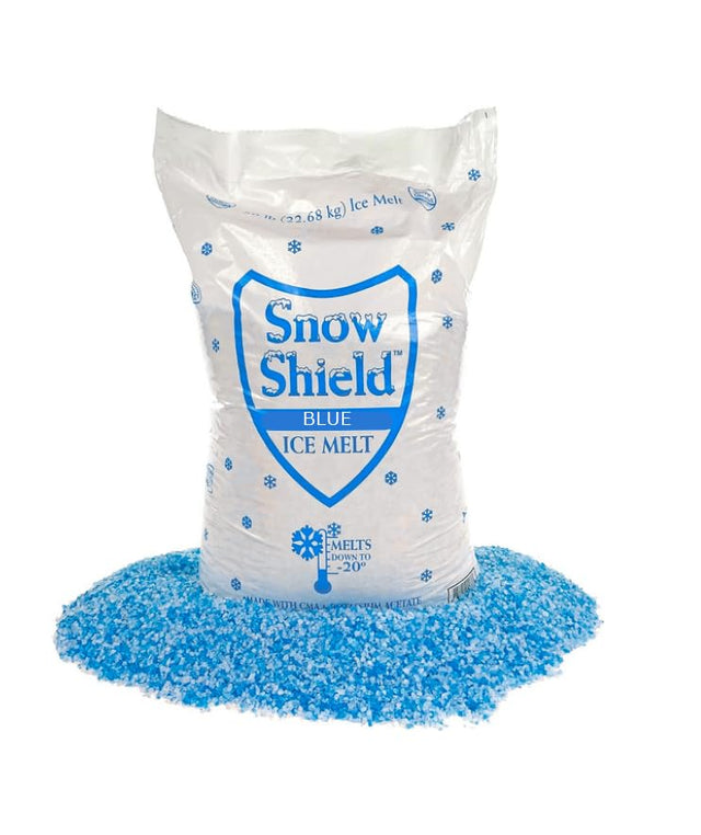 Snow Shield Blue ice melt 50 lb bag from Chemical Equipment Labs with a pile of blue granules, melts down to -20°F.