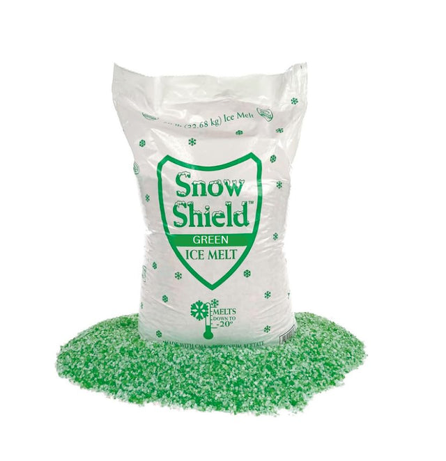 Snow Shield Green ice melt 50 lb bag with a pile of green granules, shown on the Snow Shield Pink listing.