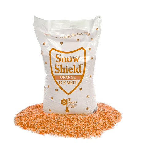 Snow Shield Orange ice melt 50 lb bag from Chemical Equipment Labs with a pile of orange granules, melts down to -20°F.