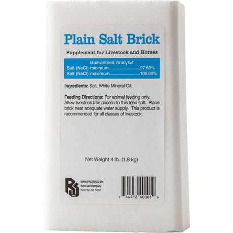 Roto Salt Plain Salt Brick 4 lb, white brick labeled supplement for livestock and horses.
