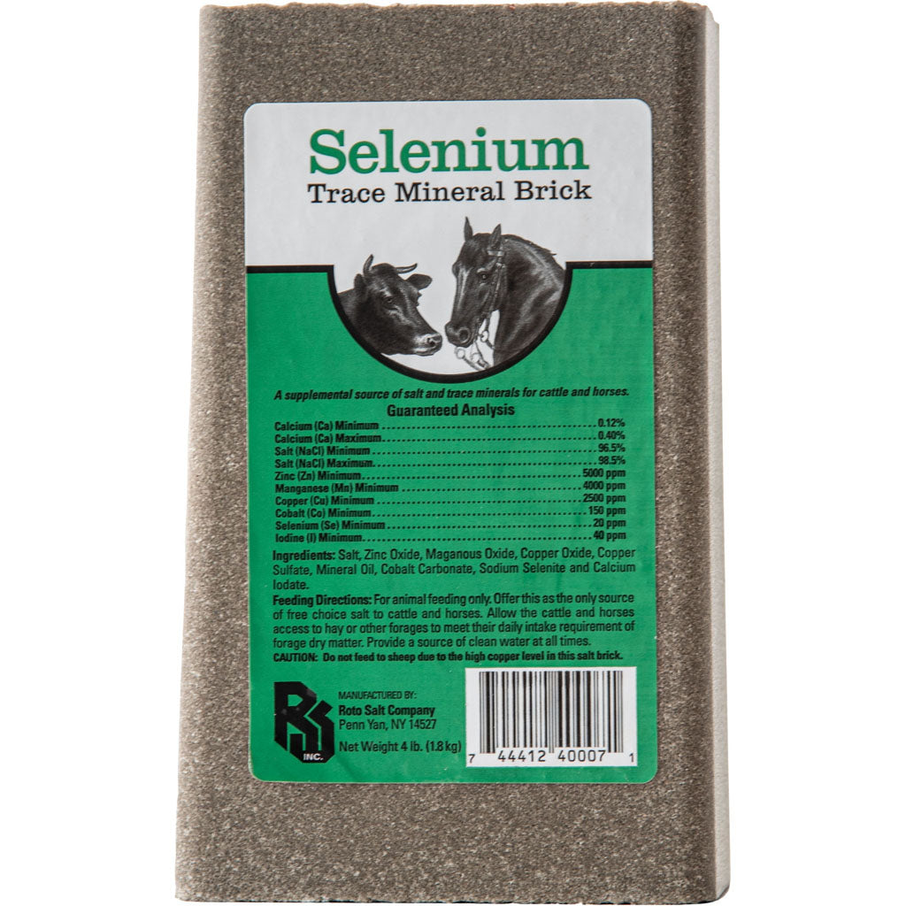 Roto Salt Selenium Trace Mineral Brick 4 lb, gray brick with a green label showing a cow and a horse.