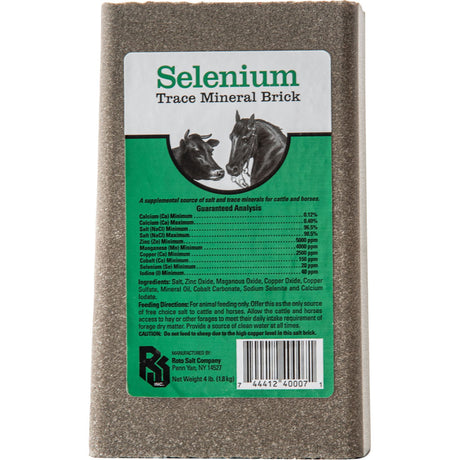Roto Salt Selenium Trace Mineral Brick 4 lb, gray brick with a green label showing a cow and a horse.